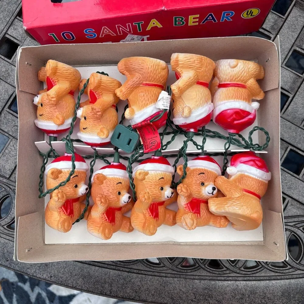 Vintage Christmas Santa Teddy Bear 10 Hard Plastic Blow Mold String Light Set